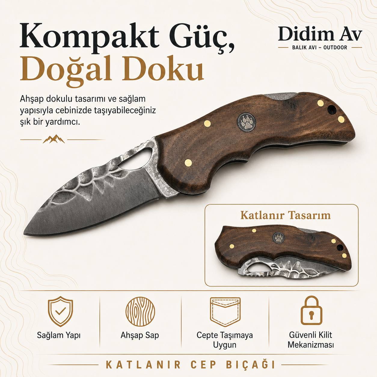 Ahşap Saplı Katlanır Cep Bıçağı – Desenli Çelik Görünümlü Outdoor Bıçak